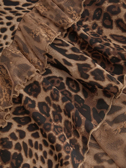 Leopard-print sheer camisole backless maxi dress with ruffles