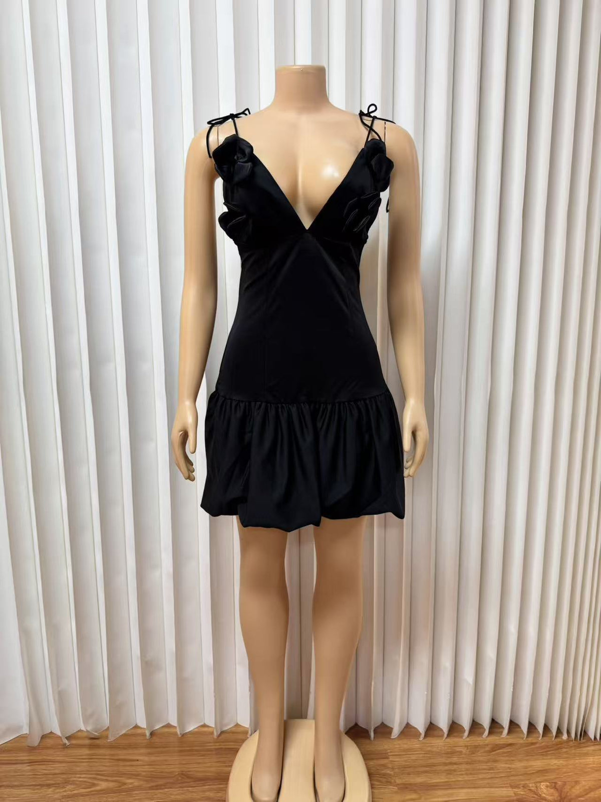 Black Ruffle Mini Dress with Tie Straps Premium Fabric - product view 2