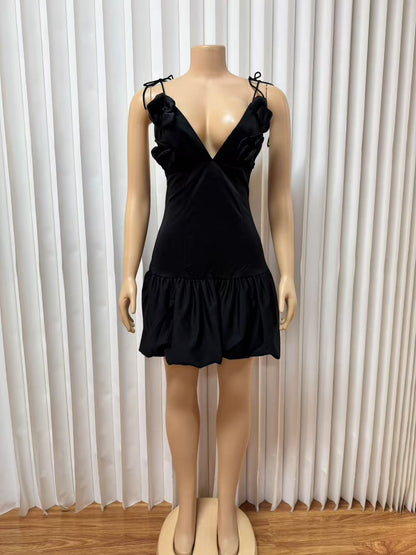 Black Ruffle Mini Dress with Tie Straps Premium Fabric - product view 2