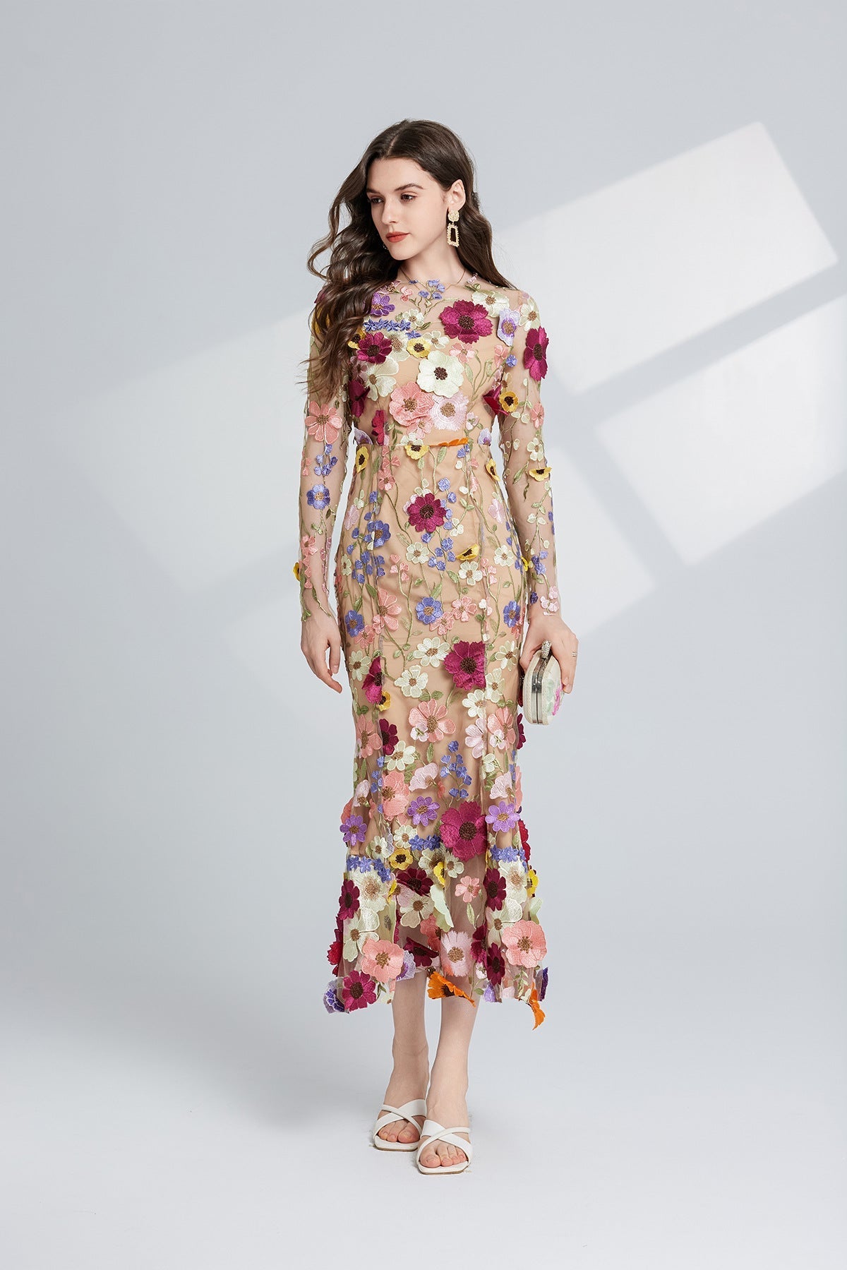 CAROL brown FLORAL EMBROIDERY MESH LONG SLEEVE MIDI DRESS
