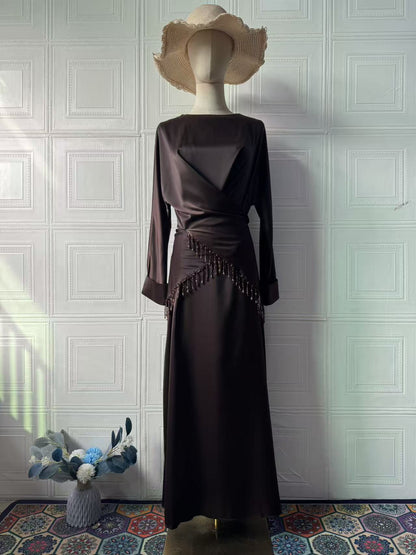 brown long-sleeved maxi dress