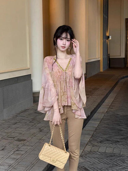 Sequined floral chiffon blouse