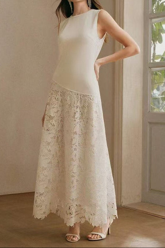 Crew Neck Lace patchwork sleeveless maxi Dress - beige