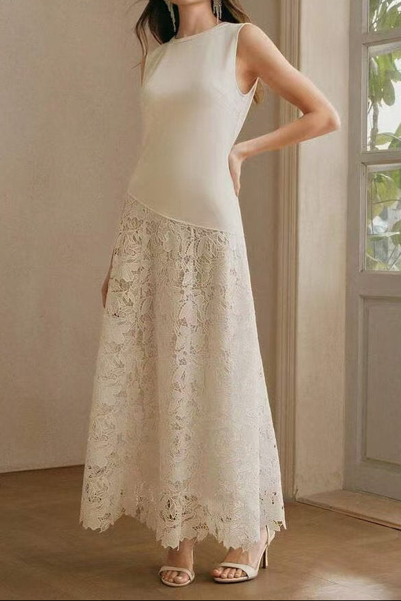 Crew Neck Lace patchwork sleeveless maxi Dress - beige