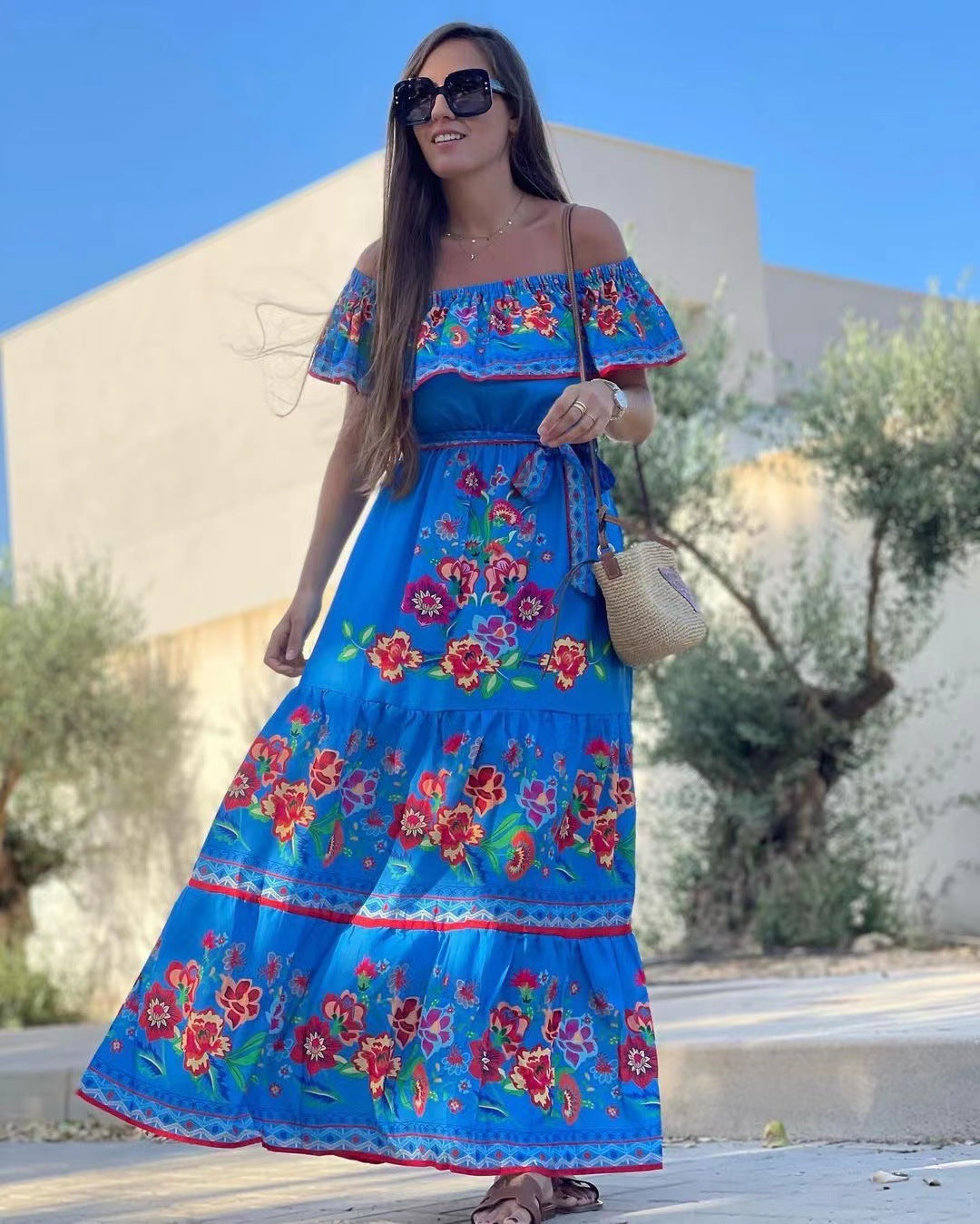 Off-shoulder printed maxi dress with a full skirt