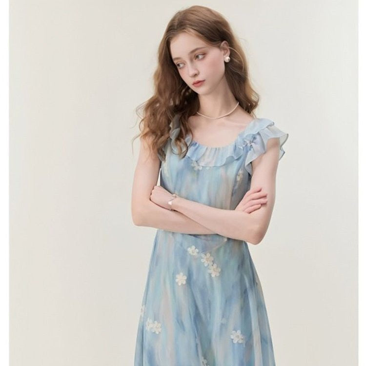 Gradient floral print U-neck maxi dress - blue
