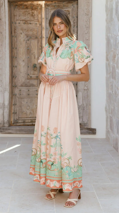 pink linen loose casual belt waist midi dress