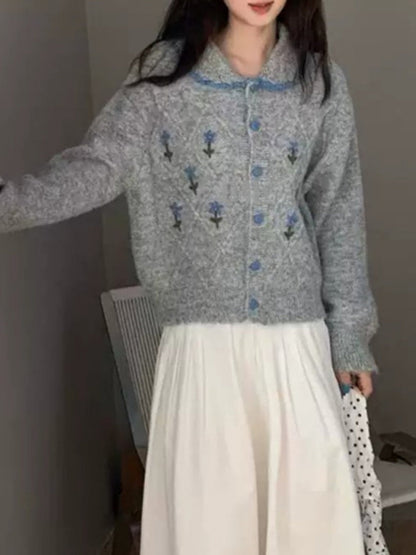 Embroidered Floral Collared Cardigan