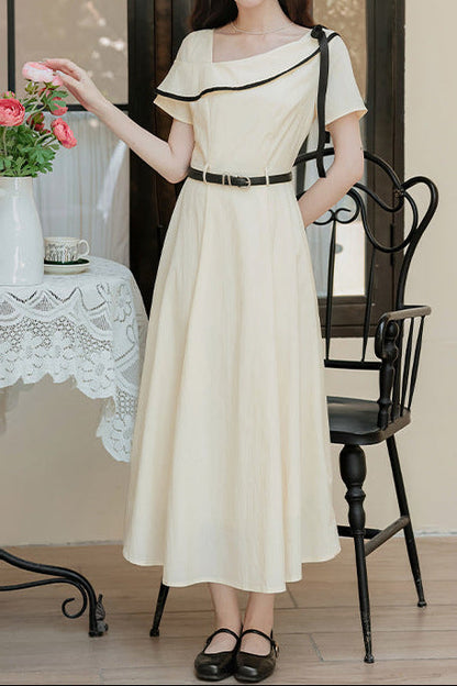 Short-sleeved asymmetrical shoulder midi dress - apricot