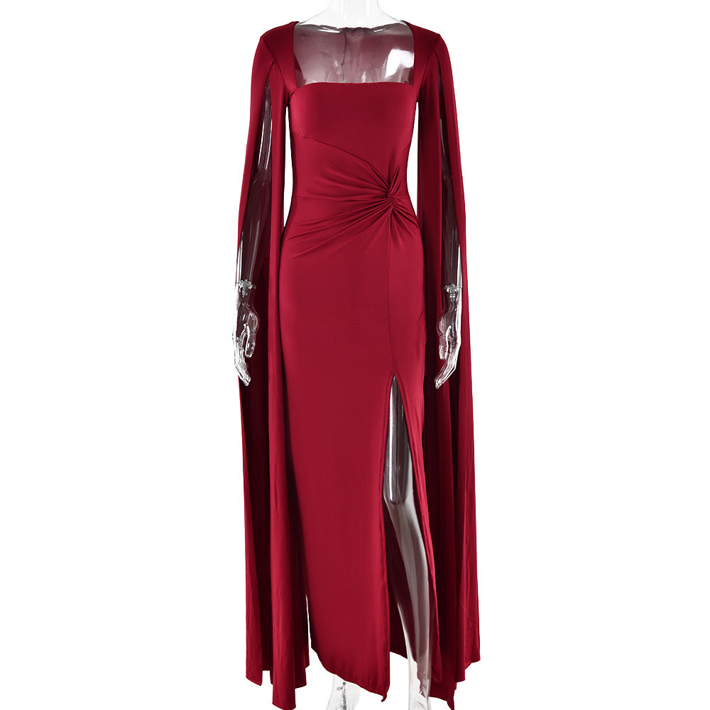 red square neck long sleeve high slit dress
