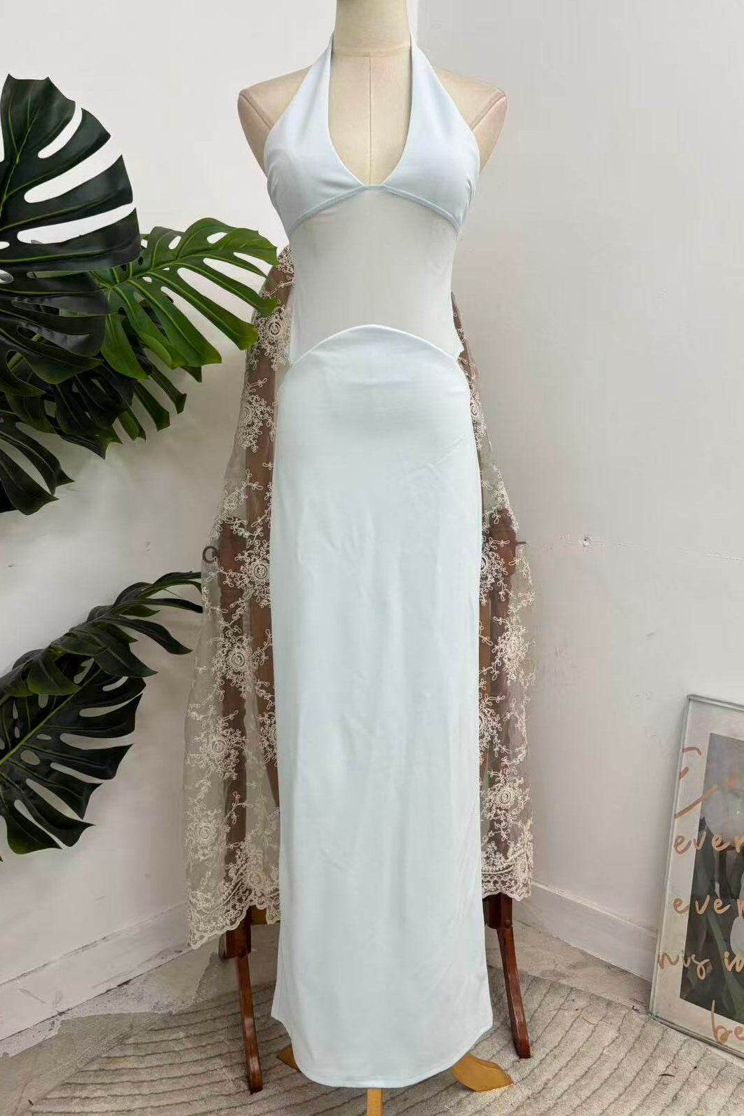 Light Blue Halter V-Neck Mesh Cutout Waist Side Hollow Bodycon Maxi Dress