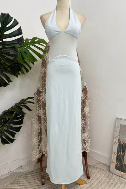 Light Blue Halter V-Neck Mesh Cutout Waist Side Hollow Bodycon Maxi Dress