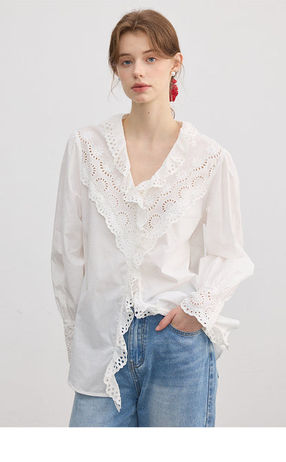 Loose V-neck long-sleeved shirt with ruffled lace embroidery