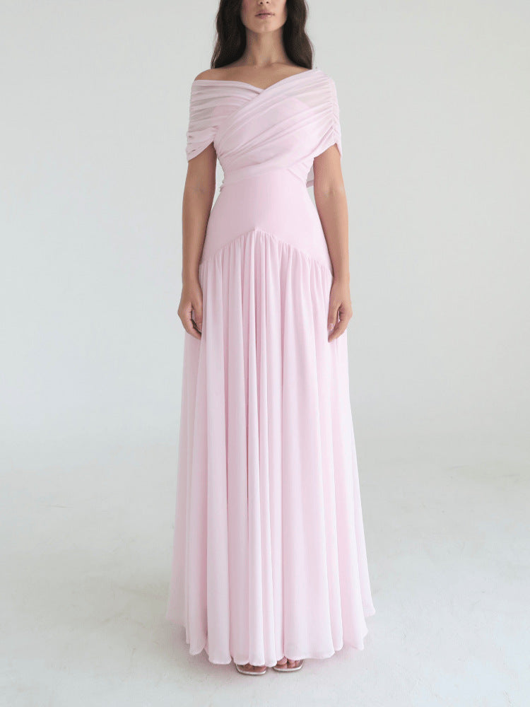 off-shoulder Criss-cross design ruched maxi dress in pink