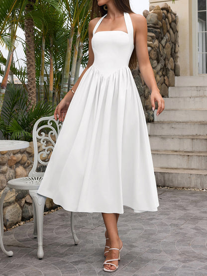 white halterneck strap backless midi dress