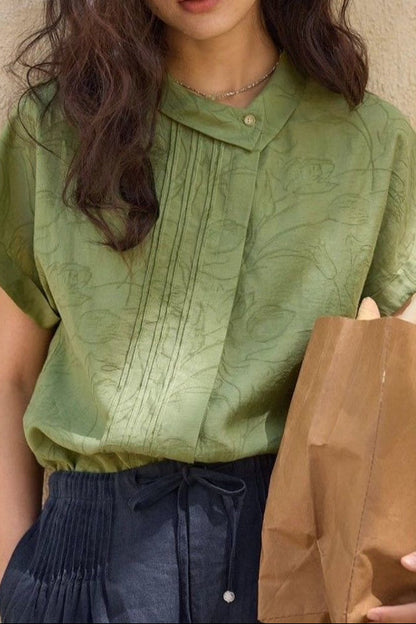 Linen jacquard asymmetrical collared shirt for summer