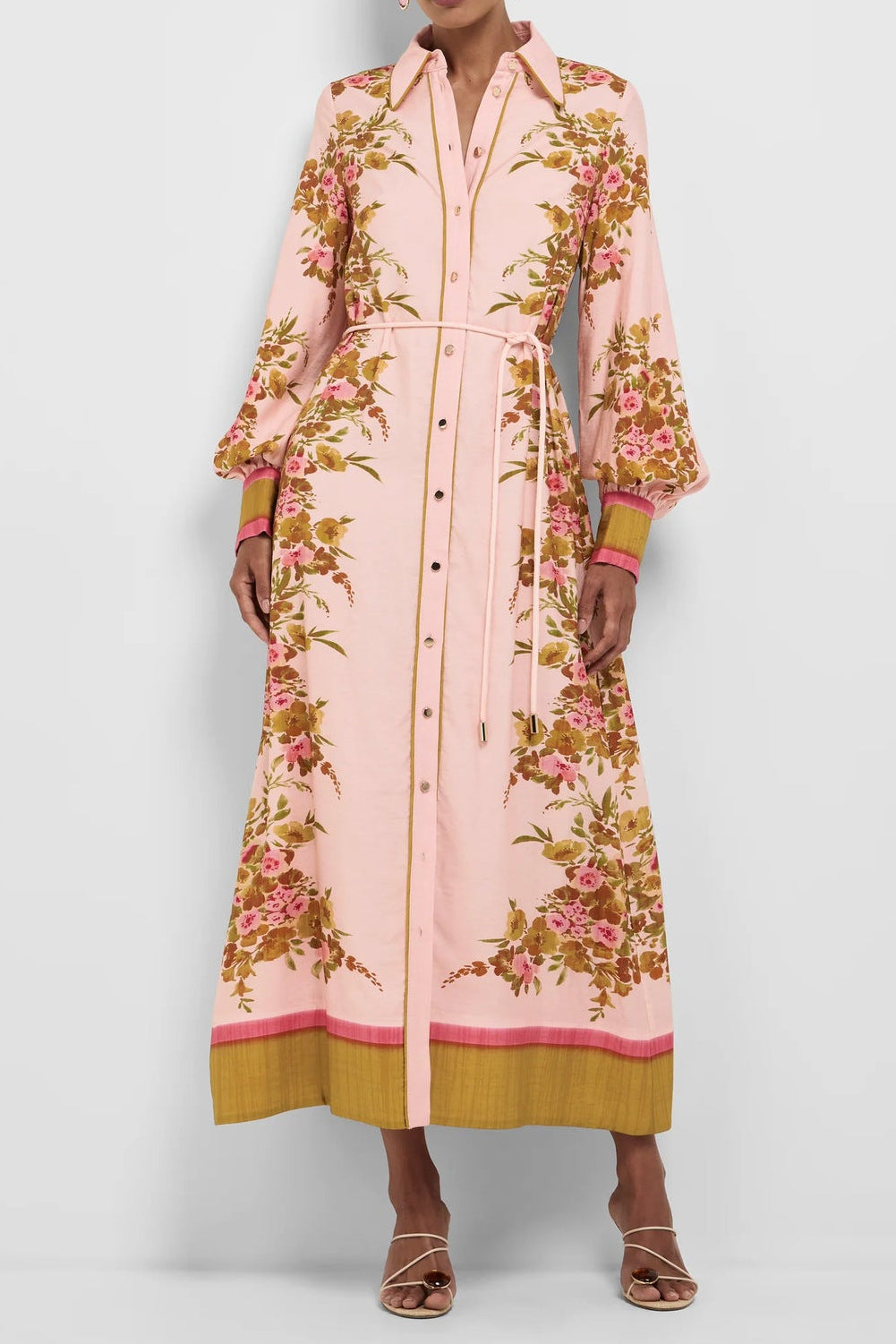 Border Trim Floral Print Belted Shirt Midi Dress