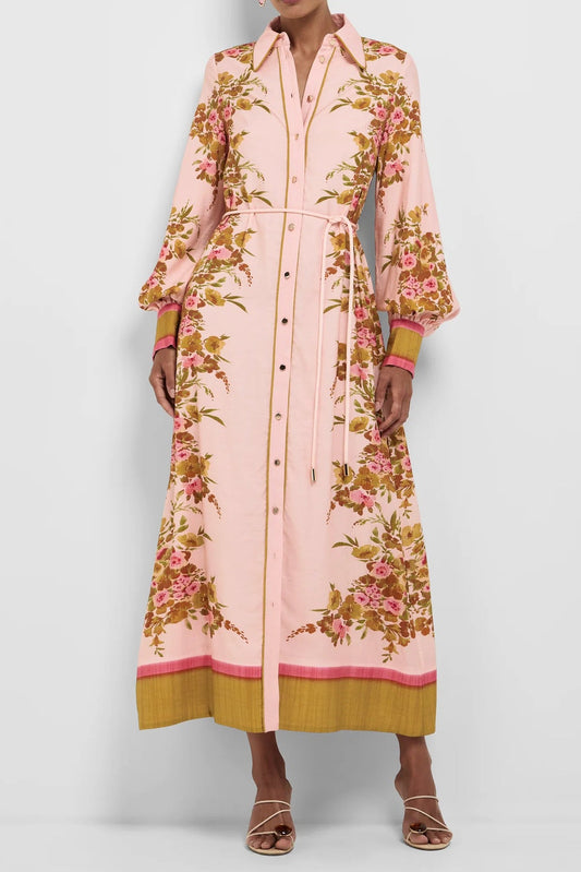 Border Trim Floral Print Belted Shirt Midi Dress