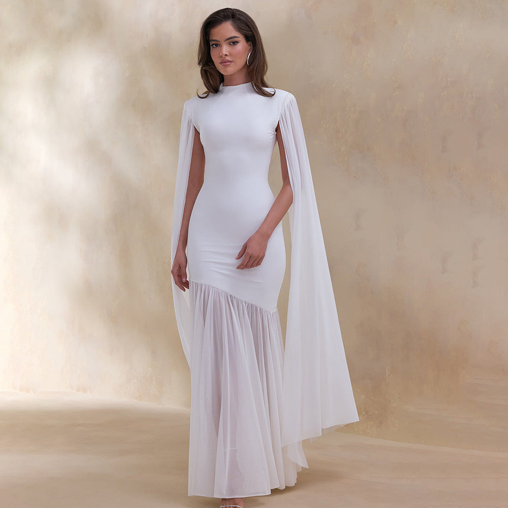 white mesh streamer maxi dress