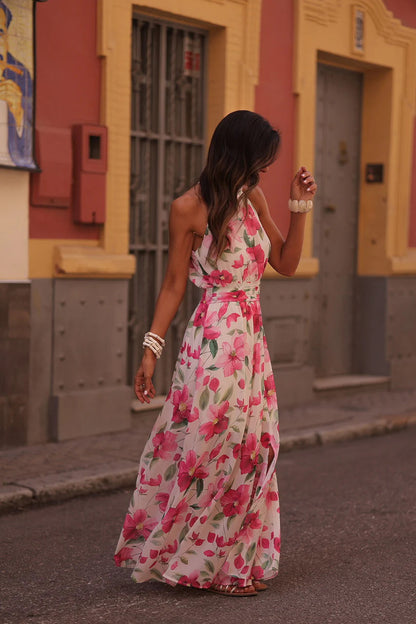 Printed Wrap-Style halter Ruched Maxi Dress - whtie & red