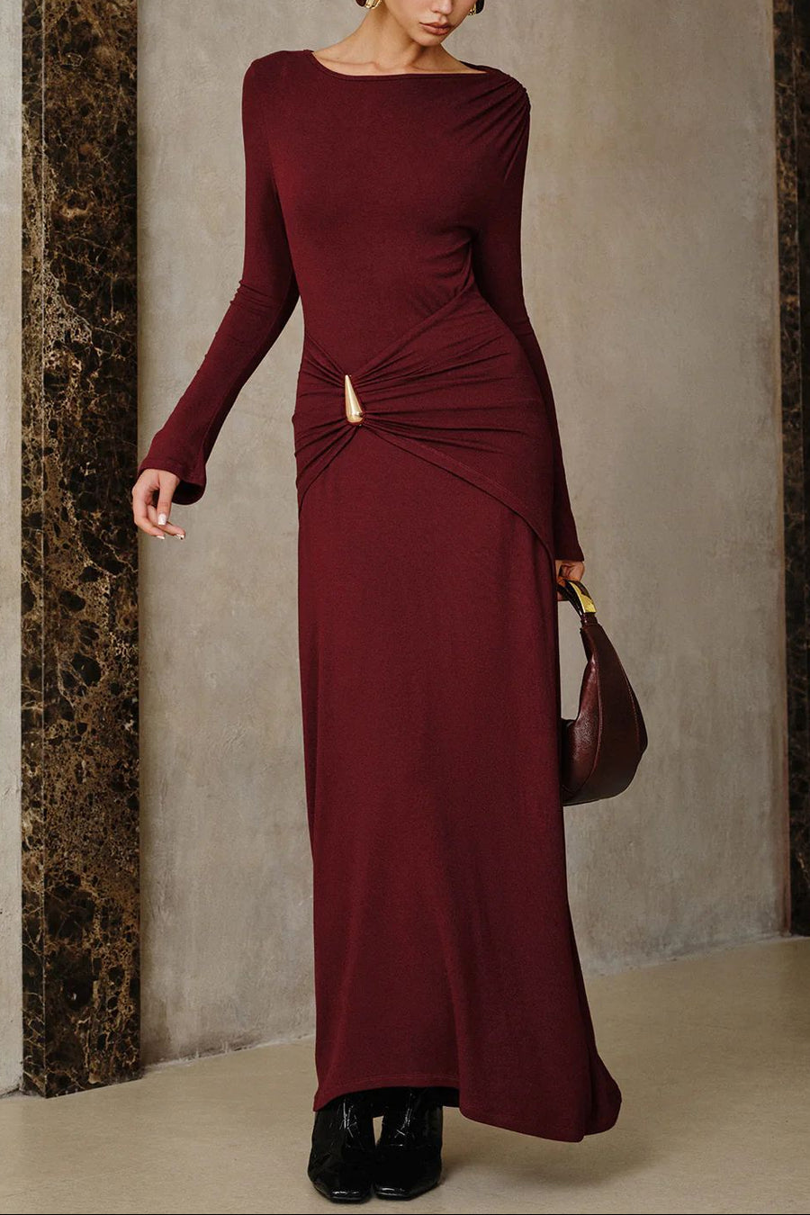 metal fittings long skirt burgundy knitted crew neck slim maxi dress