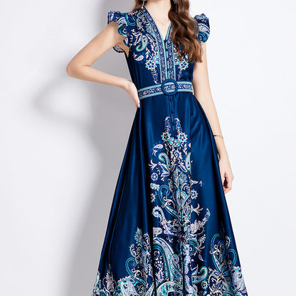 Printed V-neck lantern sleeve single-breasted dress