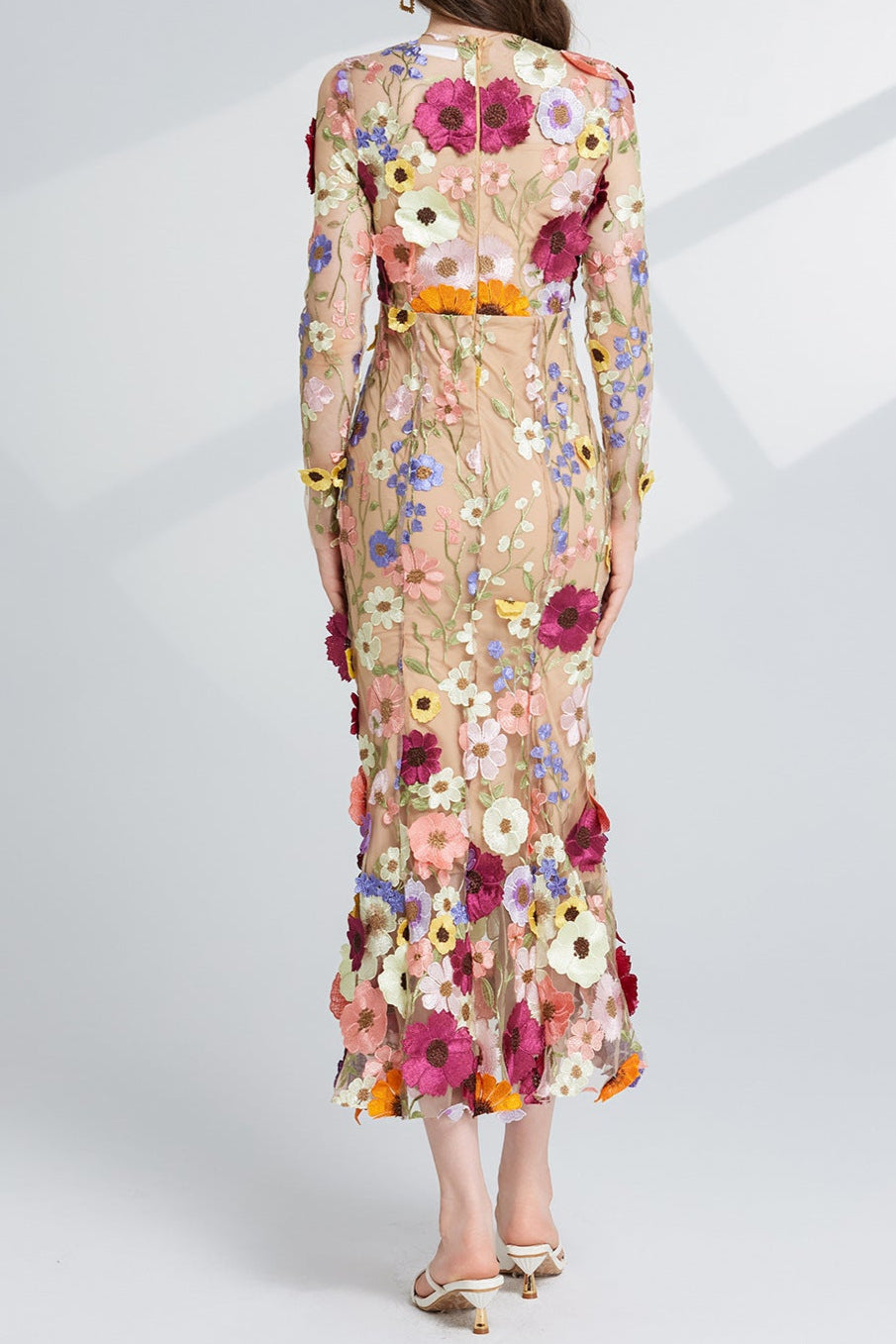 CAROL brown FLORAL EMBROIDERY MESH LONG SLEEVE MIDI DRESS