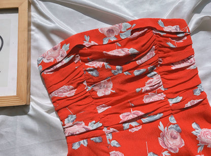 red floral pleated waist slit bandeau dress