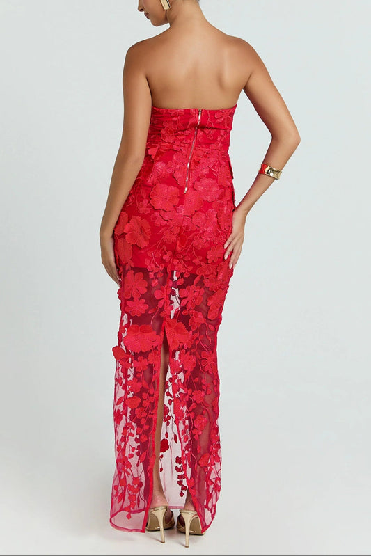 red three-dimensional flower bandeau maxi dress