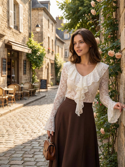 lace hollow flared sleeve top