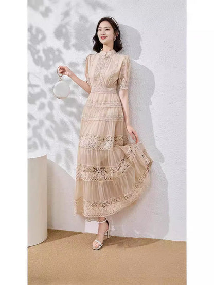 French-style lace-trimmed mesh maxi dress