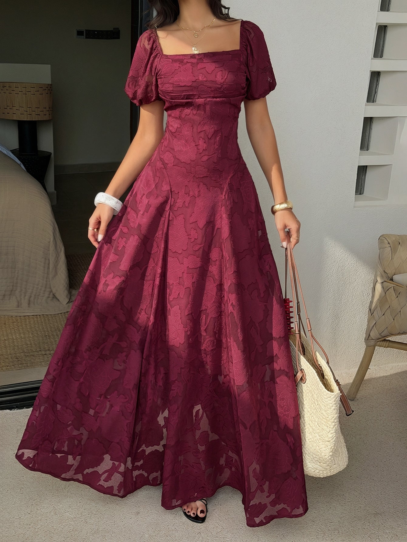 red wine square neck puff neck jacquard waist dress