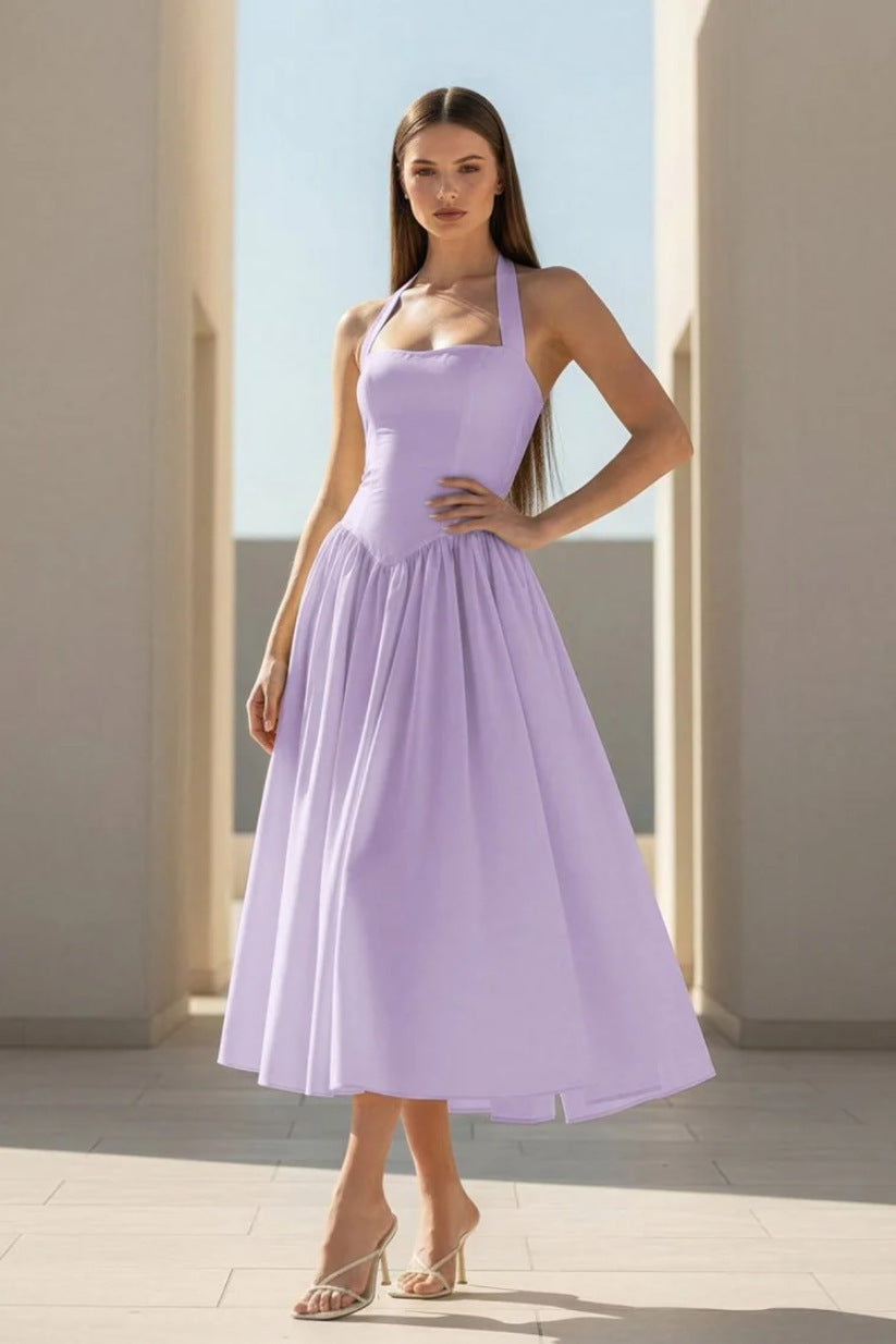 purple Halter Strappy Backless midi Dress