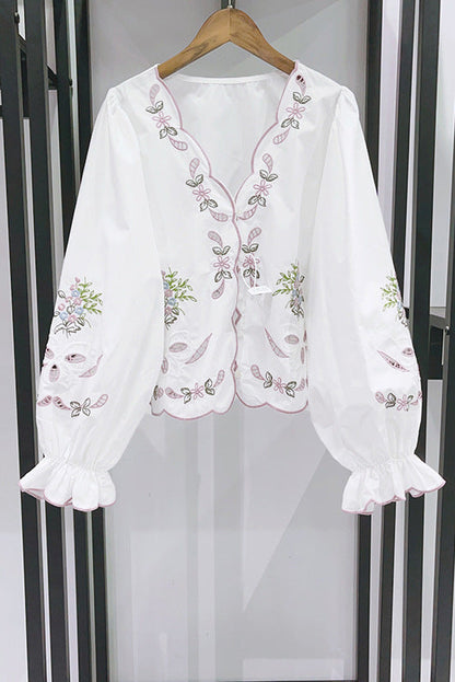 Openwork Embroidered V-Neck Closed Flared Sleeve Shirt