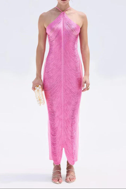 tassel rear slit halterneck dress