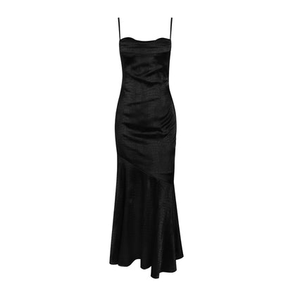 black suspender fishtail evening dress