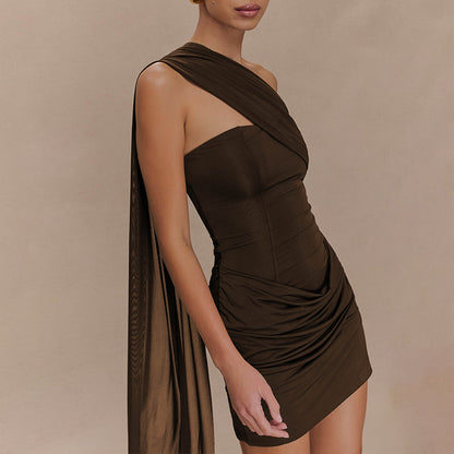 brown Bandeau Streamer Pleated mini Dress