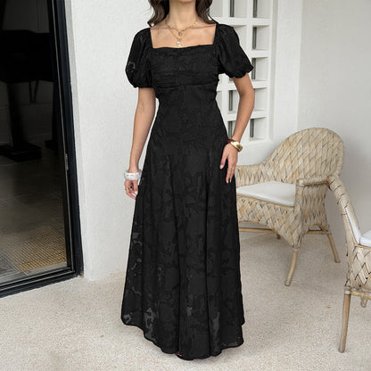 black square neck puff neck jacquard waist dress