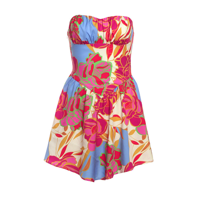 Strapless backless floral printed mini dress
