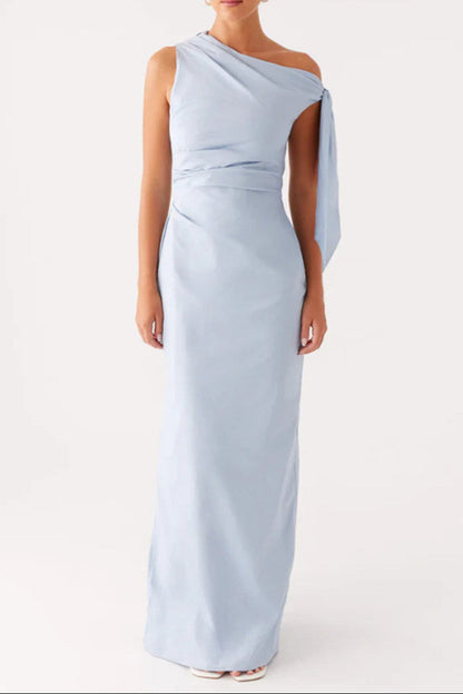 one shoulder lace-up bow slim dress blue