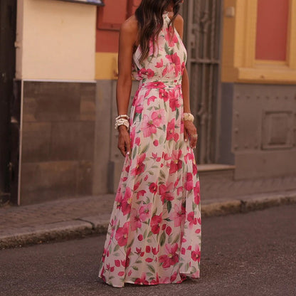 Printed Wrap-Style halter Ruched Maxi Dress - whtie & red