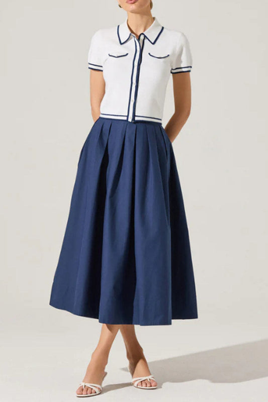 blue A-line pleated  midi skirt