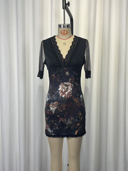 Lace mesh patchwork V-neck printed bodycon mini dress