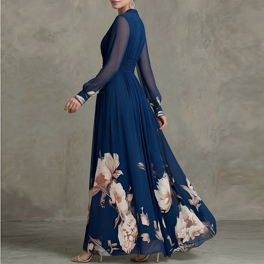 Printed V-Neck Stitched Long Sleeve Dress