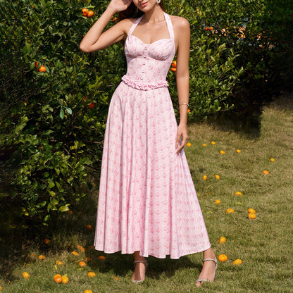 pink print Backless Halter-neck Tie-Up maxi Dress