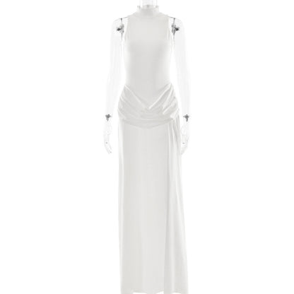 white high slit sleeveless pleated dress
