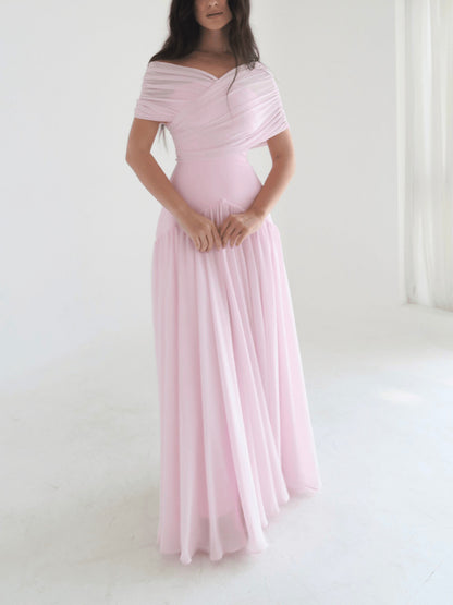 off-shoulder Criss-cross design ruched maxi dress in pink