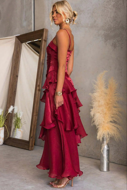 Premium Fabric Red Tiered Ruffle Maxi Dress Premium Fabric - product view 3