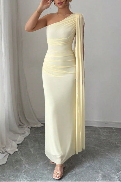 yellow mesh one-shoulder maxi dress