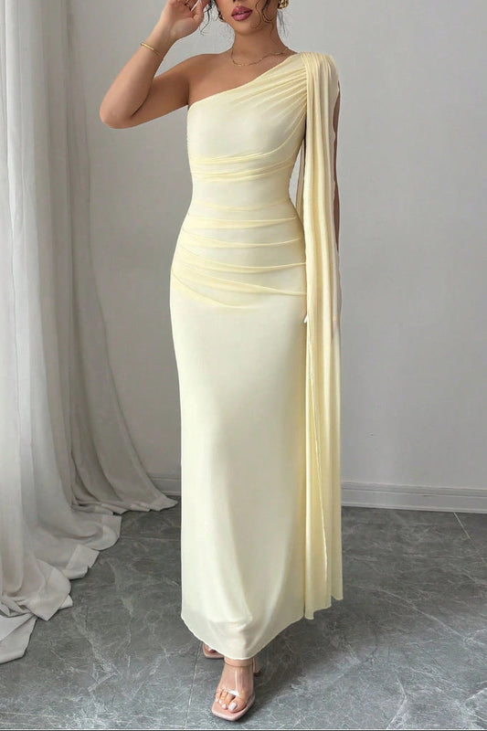 yellow mesh one-shoulder maxi dress